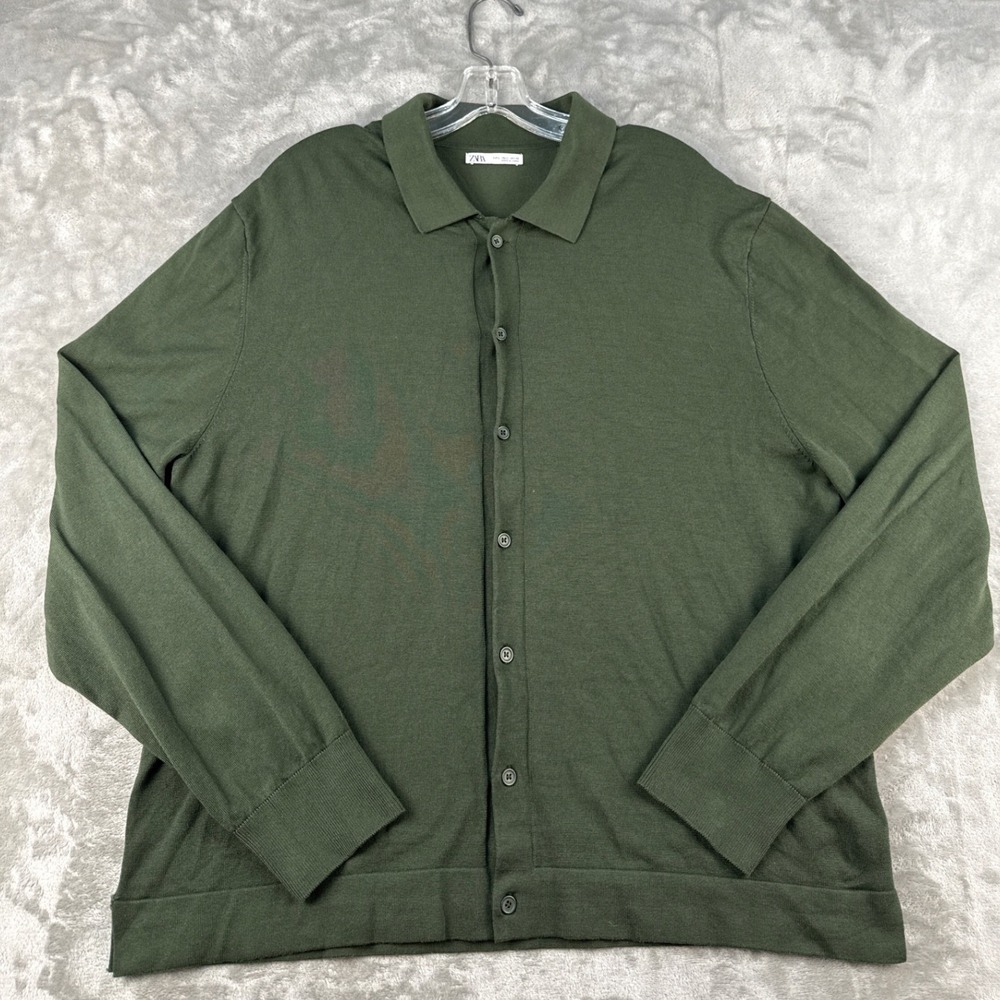 Zara Cardigan Mens Large Polo Button-down Olive Green Knit EUC